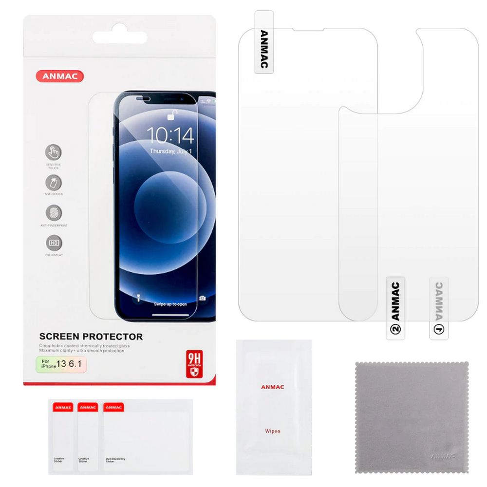 Защитное стекло ANMAC и пленка для iPhone 13/13 Pro/14/16e, 2.5D, 0,33 мм.