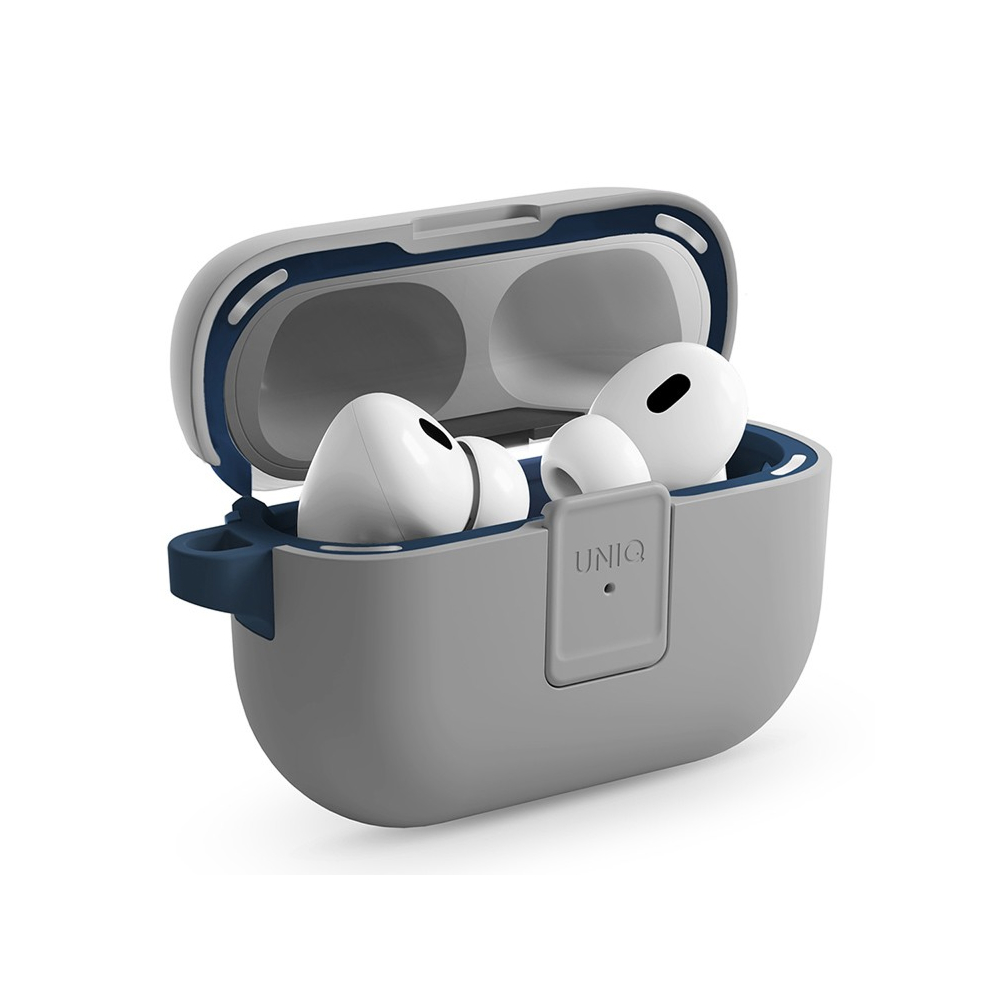 Чехол UNIQ CLYDE Lock case для AirPods Pro 2, силикон с карабином. Цвет: темно-серый/синий
