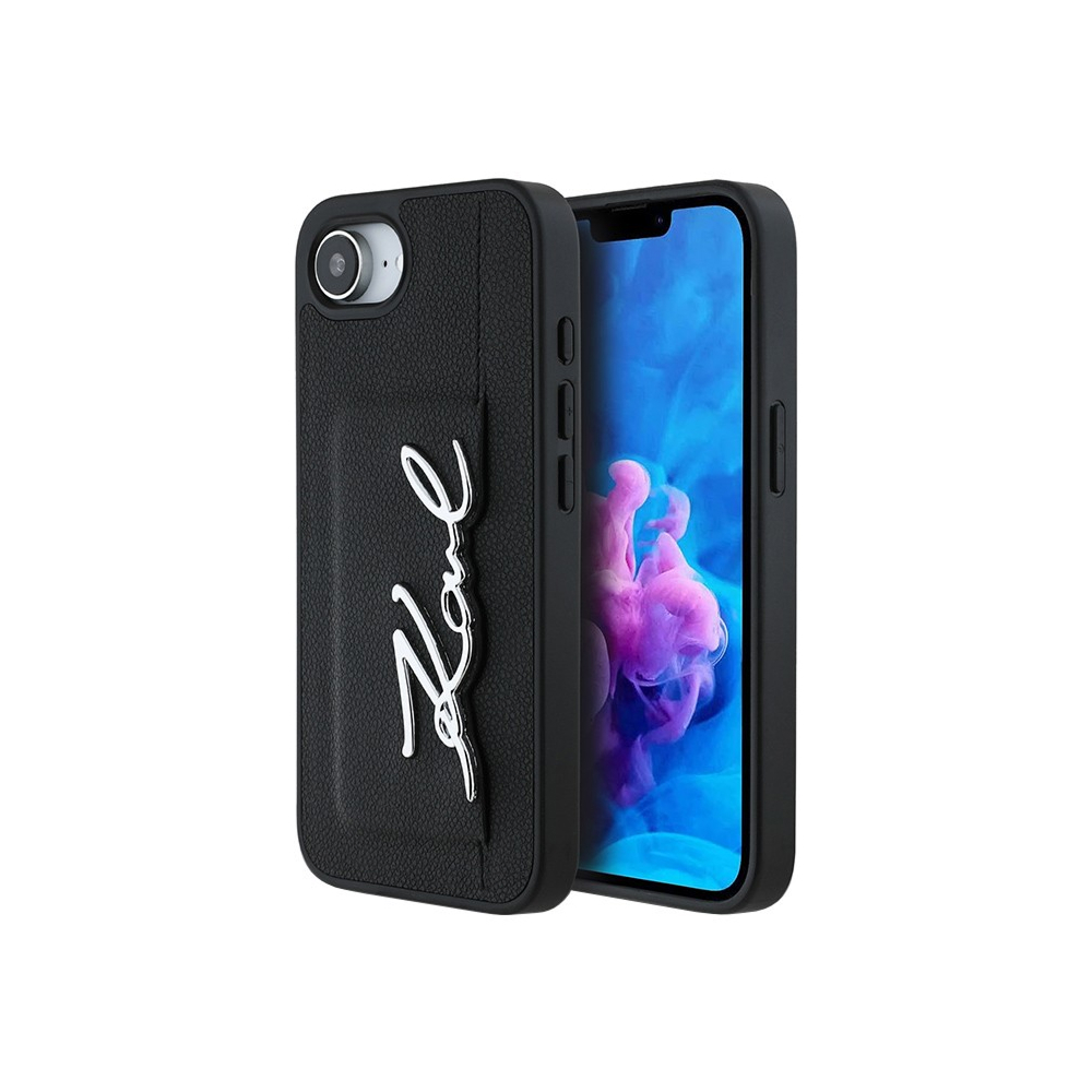Чехол Lagerfeld Cardslot PU Grained leather Metal Signature для iPhone 16e/17e. Цвет: черный
