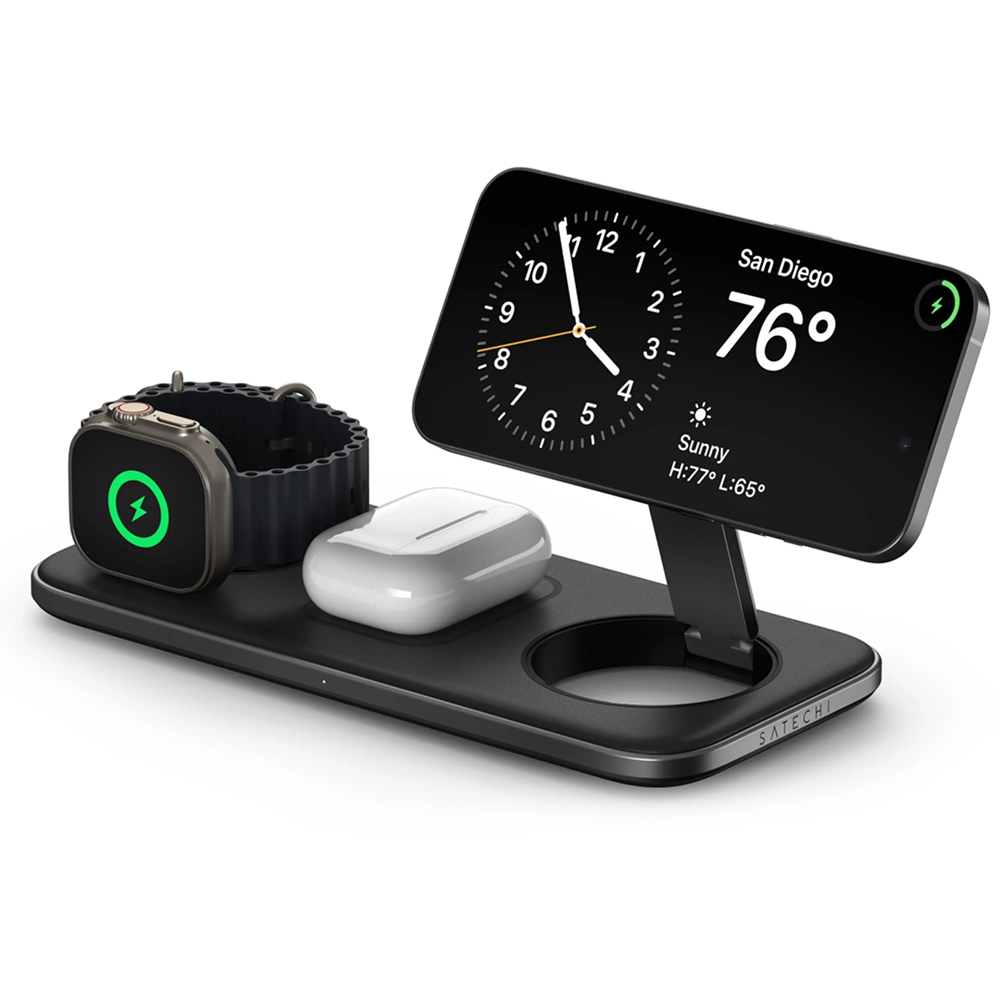 Беспроводное зарядное устройство Satechi Magnetic 3 в 1 Qi2 Trio Wireless Charging Pad. Цвет: черный
