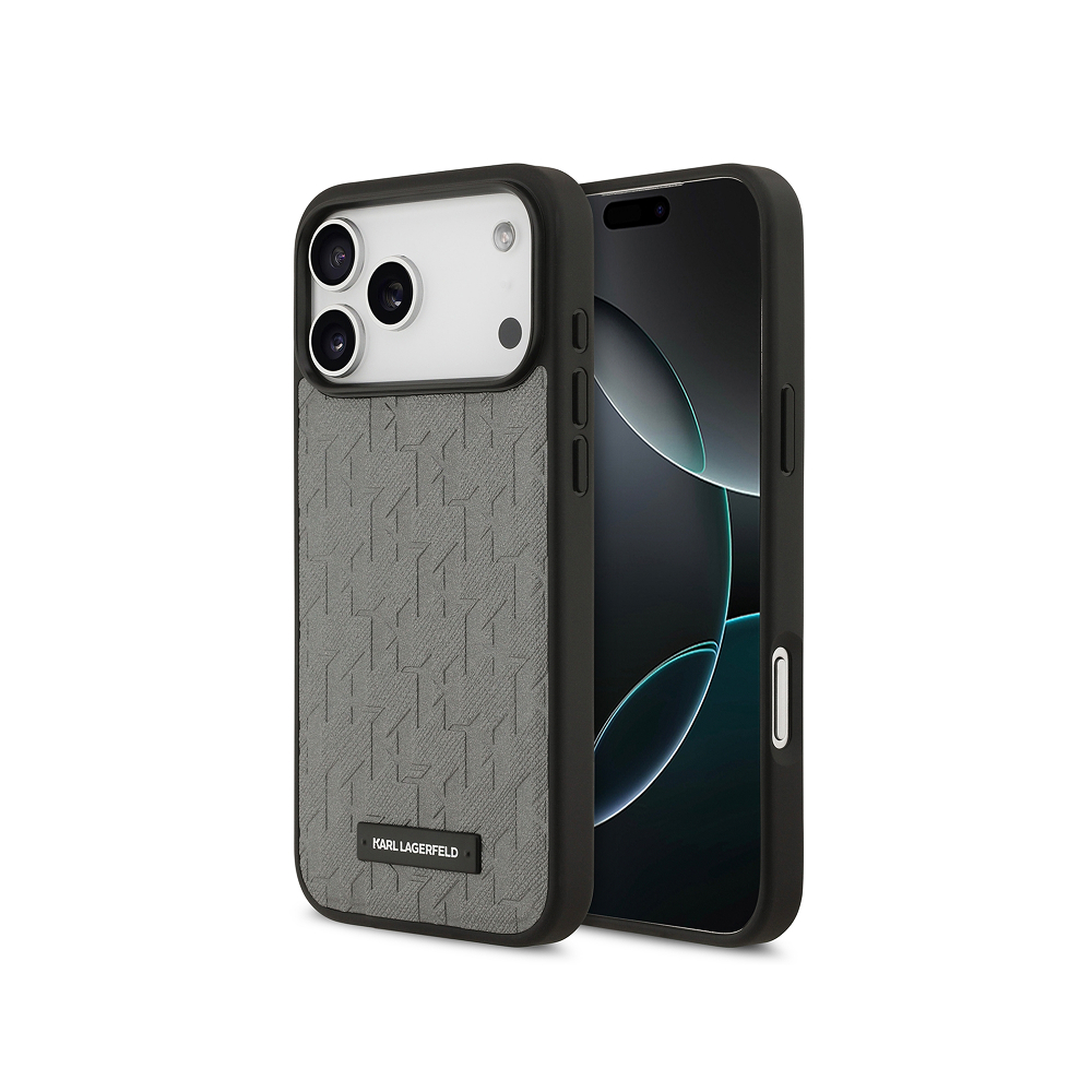 Чехол Lagerfeld PU Saffiano Monogram Metal Plate logo для iPhone 17 Pro Max. Цвет: серый