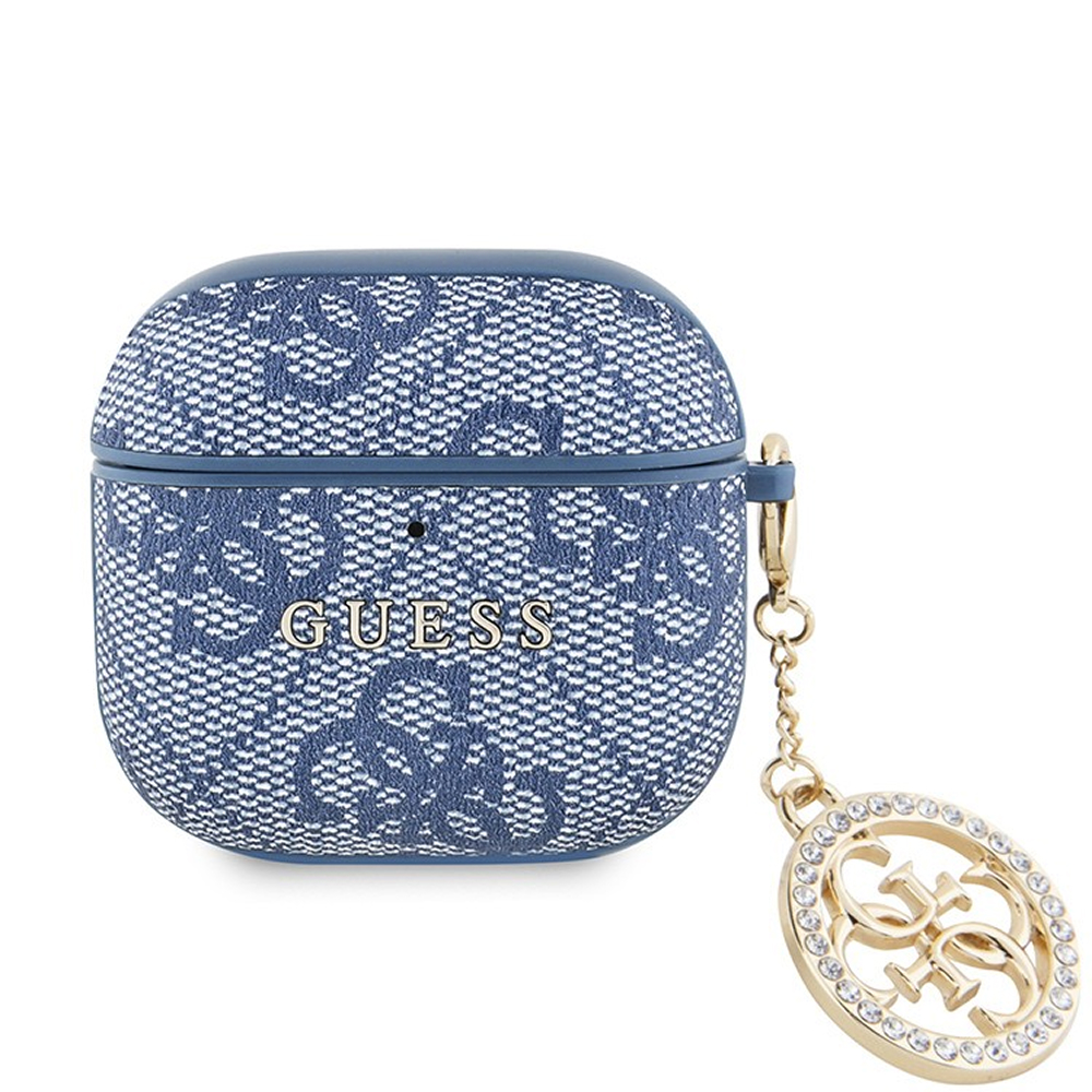 Чехол Guess PU leather 4G with Classic metal logo and Diamond charm для AirPods 4. Цвет: синий