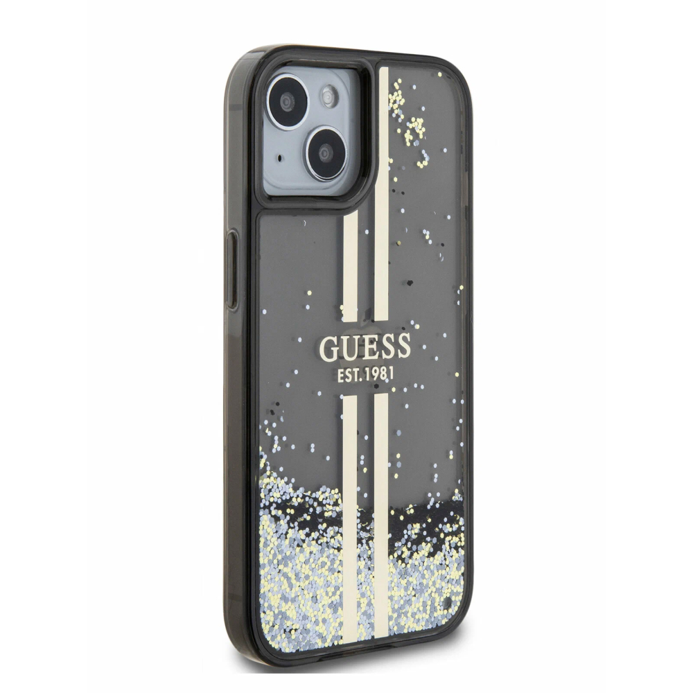 Чехол Guess Liquid Glitter Gold Stripes Hard для iPhone 15 Pro Max. Цвет: черный