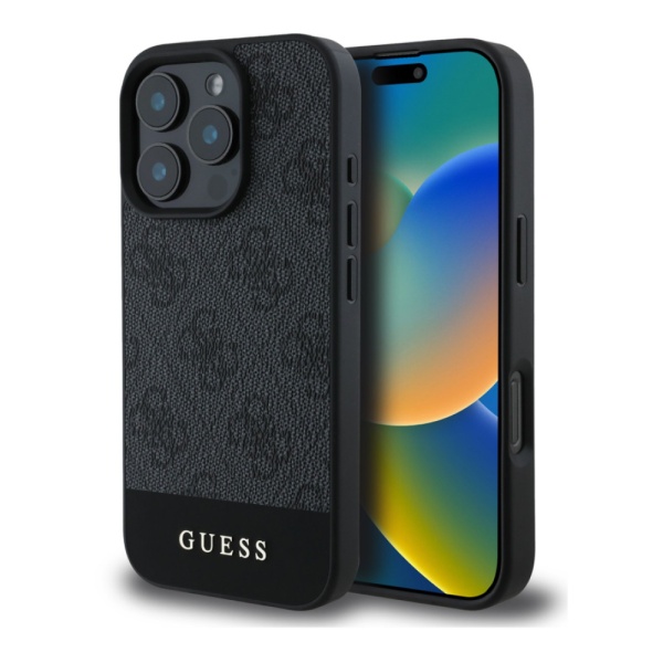 Чехол Guess PU 4G Bottom stripe Metal logo для iPhone 16 Pro Max. Цвет: серый