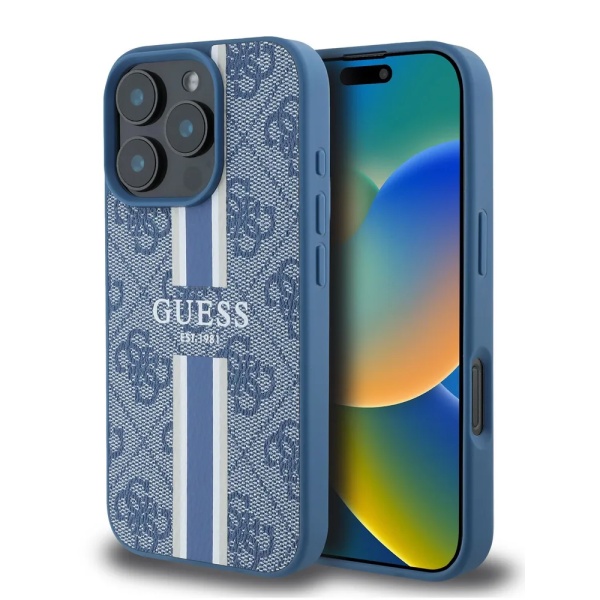 Чехол Guess PU 4G Stripes MagSafe для iPhone 16 Pro Max. Цвет: синий