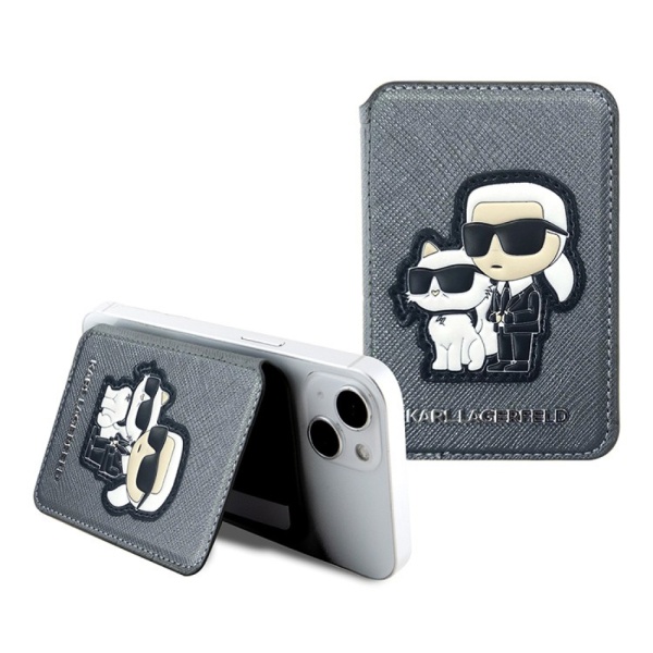 Магнитный бумажник Lagerfeld Wallet Cardslot MagSafe Stand Saffiano NFT Karl&Choupette Цвет: серый