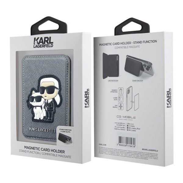Магнитный бумажник Lagerfeld Wallet Cardslot MagSafe Stand Saffiano NFT Karl&Choupette Цвет: серый