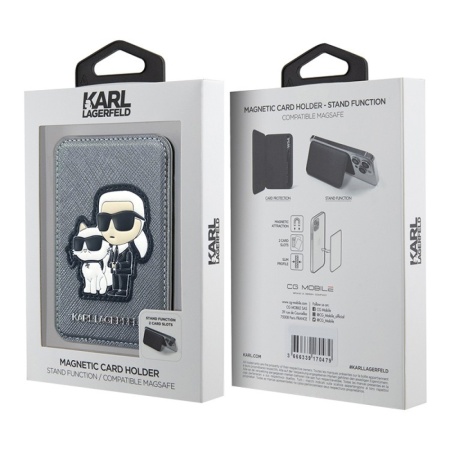 Магнитный бумажник Lagerfeld Wallet Cardslot MagSafe Stand Saffiano NFT Karl&Choupette Цвет: серый