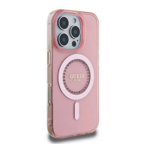 Чехол Guess PC/TPU Diamond Rhinestone Circle MagSafe для iPhone 16 Pro. Цвет: розовый