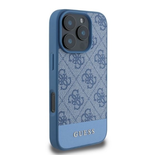 Чехол Guess PU 4G Bottom stripe Metal logo для iPhone 16 Pro. Цвет: синий