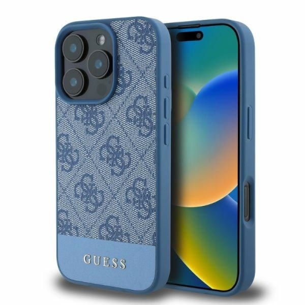 Чехол Guess PU 4G Bottom stripe Metal logo для iPhone 16 Pro. Цвет: синий