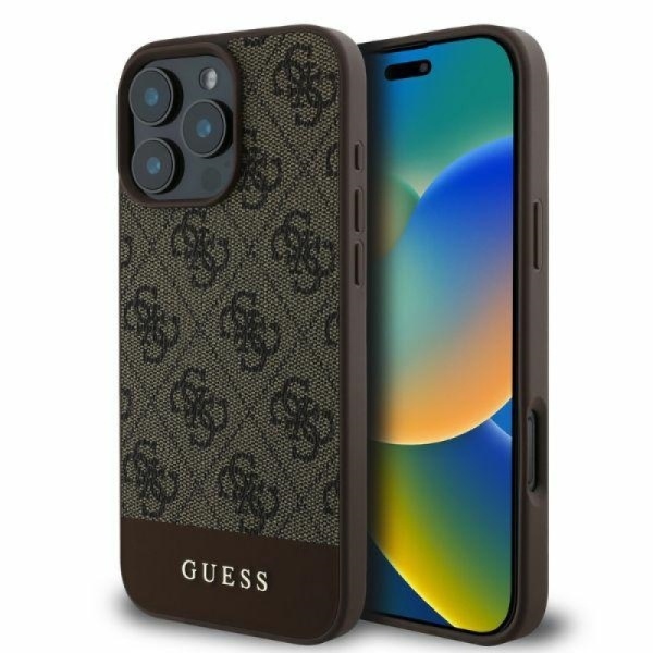 Чехол Guess PU 4G Bottom stripe Metal logo для iPhone 16 Pro. Цвет: коричневый