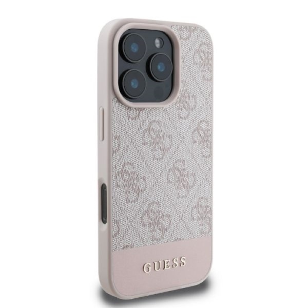 Чехол Guess PU 4G Bottom stripe Metal logo для iPhone 16 Pro. Цвет: розовый