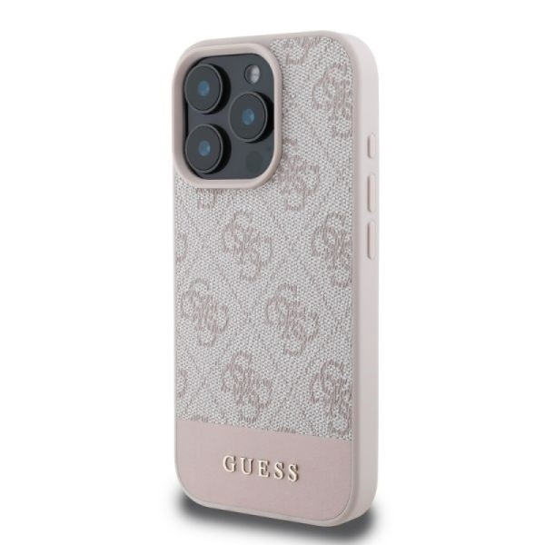 Чехол Guess PU 4G Bottom stripe Metal logo для iPhone 16 Pro. Цвет: розовый
