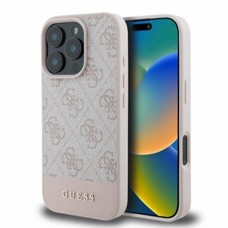 Чехол Guess PU 4G Bottom stripe Metal logo для iPhone 16 Pro. Цвет: розовый