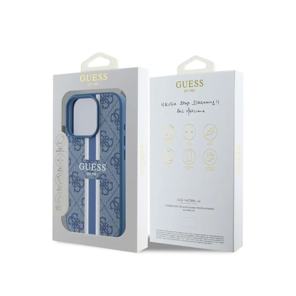 Чехол Guess PU 4G Stripes MagSafe для iPhone 16 Pro. Цвет: синий