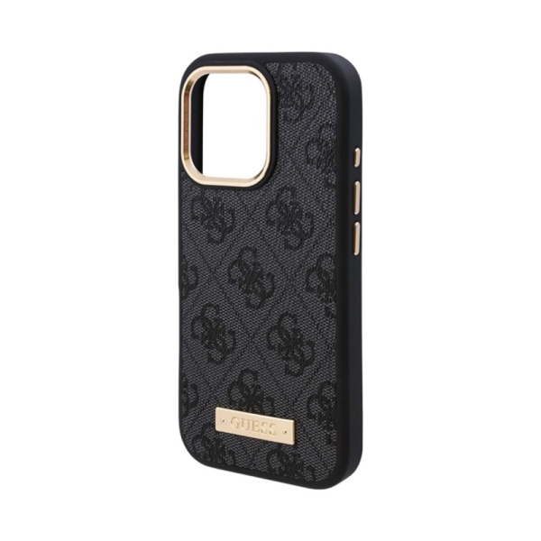 Чехол Guess PU 4G Plate metal logo MagSafe для iPhone 16. Цвет: черный