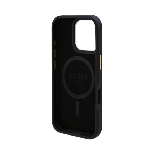 Чехол Guess PU 4G Plate metal logo MagSafe для iPhone 16. Цвет: черный