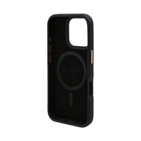 Чехол Guess PU 4G Plate metal logo MagSafe для iPhone 16. Цвет: черный