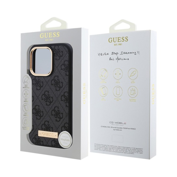 Чехол Guess PU 4G Plate metal logo MagSafe для iPhone 16. Цвет: черный