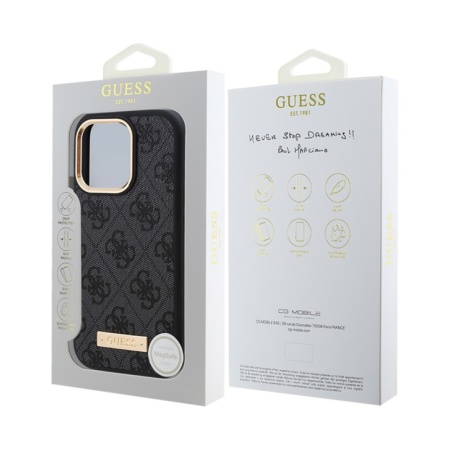 Чехол Guess PU 4G Plate metal logo MagSafe для iPhone 16. Цвет: черный