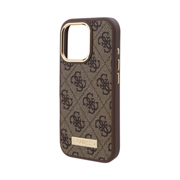 Чехол Guess PU 4G Plate metal logo MagSafe для iPhone 16. Цвет: коричневый