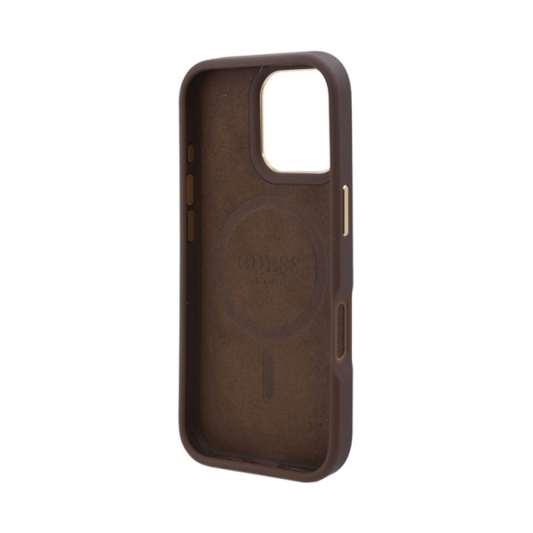 Чехол Guess PU 4G Plate metal logo MagSafe для iPhone 16. Цвет: коричневый
