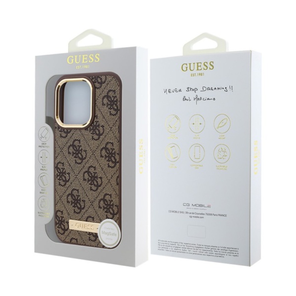 Чехол Guess PU 4G Plate metal logo MagSafe для iPhone 16. Цвет: коричневый