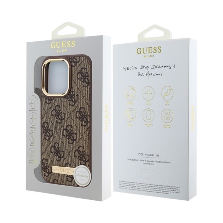 Чехол Guess PU 4G Plate metal logo MagSafe для iPhone 16. Цвет: коричневый