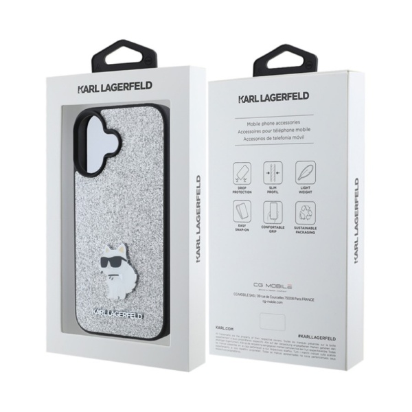 Чехол Lagerfeld Fixed glitters NFT Choupette Metal pin для iPhone 16. Цвет: серебристый