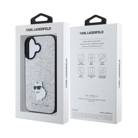 Чехол Lagerfeld Fixed glitters NFT Choupette Metal pin для iPhone 16. Цвет: серебристый