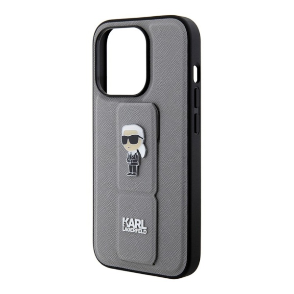 Чехол Lagerfeld GripStand PU Saffiano NFT Karl Ikonik metal для iPhone 15 Pro Max.Цвет: серебристый