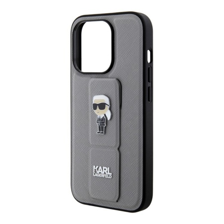 Чехол Lagerfeld GripStand PU Saffiano NFT Karl Ikonik metal для iPhone 15 Pro Max.Цвет: серебристый