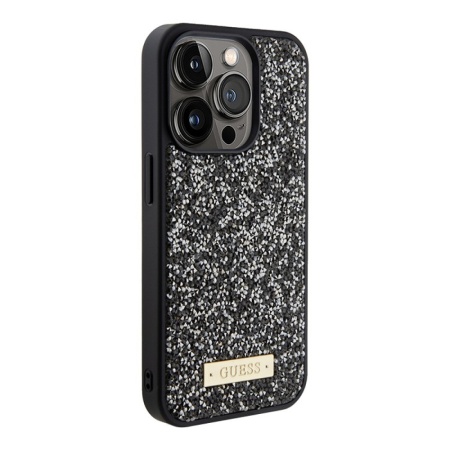 Чехол Guess Diamond Rhinestone Plate metal logo для iPhone 15 Pro. Цвет: черный 
