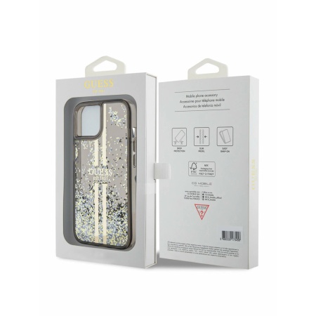 Чехол Guess Liquid Glitter Gold Stripes Hard для iPhone 15 Pro Max. Цвет: черный