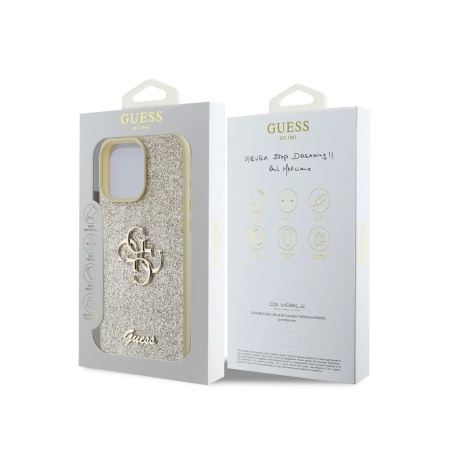 Чехол Guess Fixed Glitters 4G Big metal logo для iPhone 16 Pro. Цвет: золотой