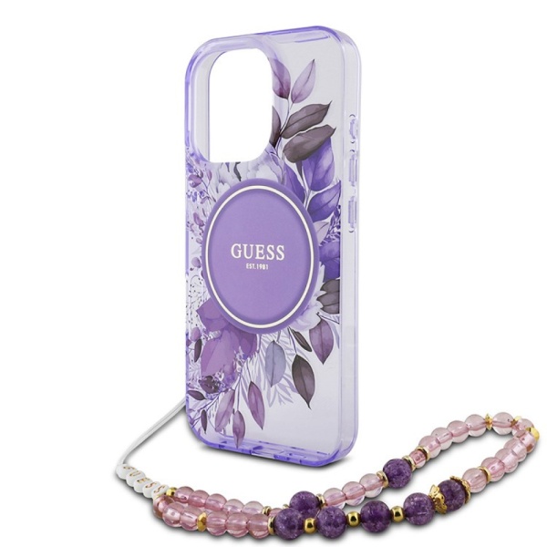 Чехол Guess PC/TPU Flowers Hard + Pearl Hand Strap MagSafe для iPhone 16 Pro. Цвет: фиолетовый