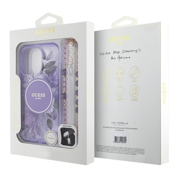 Чехол Guess PC/TPU Flowers Hard + Pearl Hand Strap MagSafe для iPhone 16 Pro. Цвет: фиолетовый