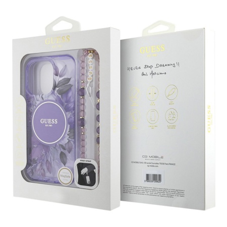 Чехол Guess PC/TPU Flowers Hard + Pearl Hand Strap MagSafe для iPhone 16 Pro. Цвет: фиолетовый