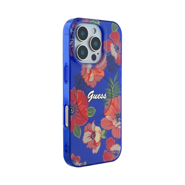 Чехол Guess PC/TPU Flowers Invisible Ring Hard MagSafe для iPhone 16 Pro. Цвет: красный