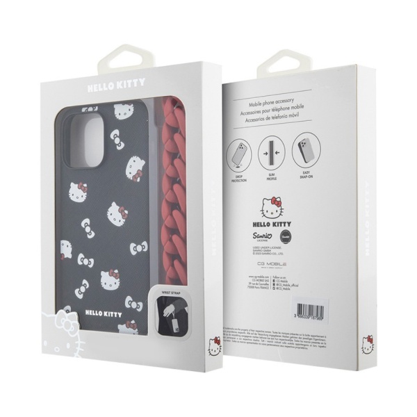 Чехол Hello Kitty PU Saffiano Heads and Bows Hard для iPhone 15 Pro Max. Цвет: черный/красный