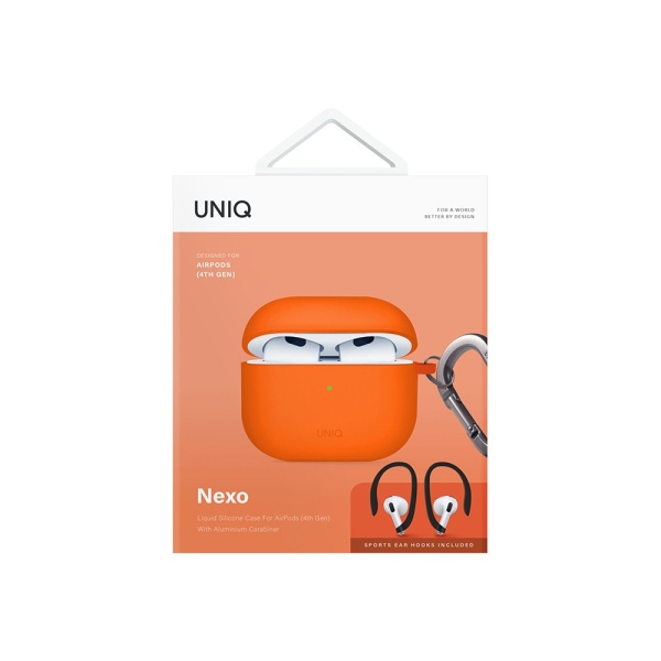 Чехол UNIQ NEXO для AirPods 4, силикон с карабином и заушинами. Цвет: оранжевый
