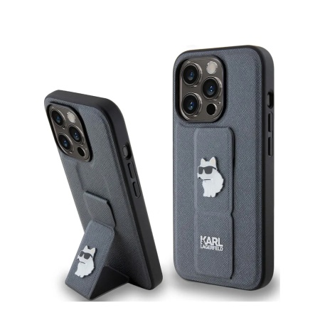 Чехол Lagerfeld GripStand PU Saffiano NFT Choupette metal для iPhone 15 Pro Max.Цвет: серебристый