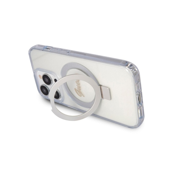 Чехол Guess PC/TPU Script logo + Ring stand Glitter MagSafe для iPhone 15 Pro Max. Цвет: прозрачный