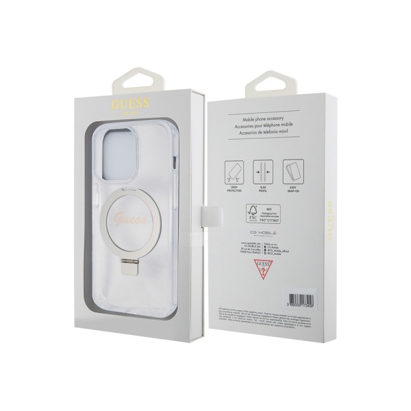 Чехол Guess PC/TPU Script logo + Ring stand Glitter MagSafe для iPhone 15 Pro Max. Цвет: прозрачный
