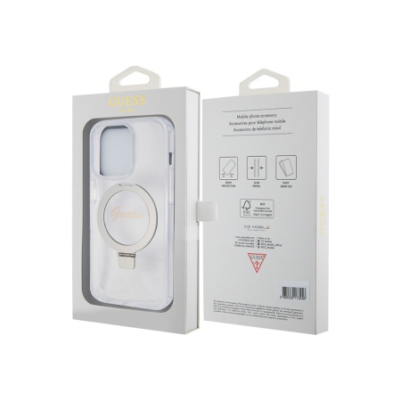 Чехол Guess PC/TPU Script logo + Ring stand Glitter MagSafe для iPhone 15 Pro Max. Цвет: прозрачный