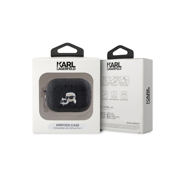 Чехол Lagerfeld NFT Metal Head Karl&Choupette для Airpods Pro 2 силиконовый с кольцом. Цвет: черный
