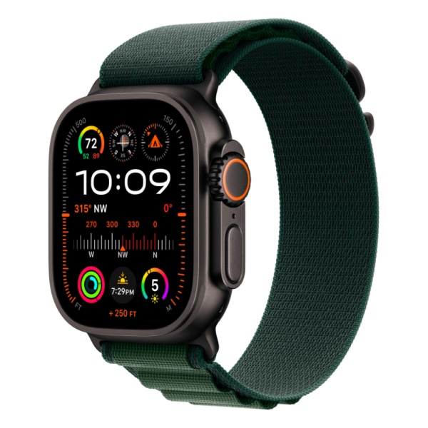Apple Watch Ultra 2 (2024), "Черный титановый", 49мм, ремешок "Альпийская петля" зеленого цвета