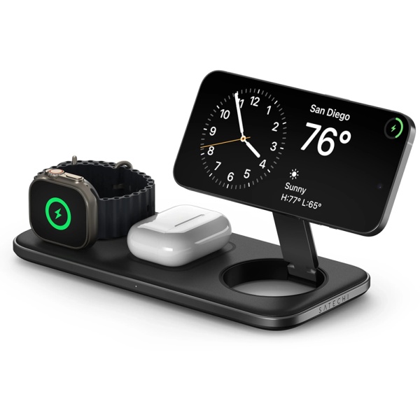 Беспроводное зарядное устройство Satechi Magnetic 3 в 1 Qi2 Trio Wireless Charging Pad. Цвет: черный