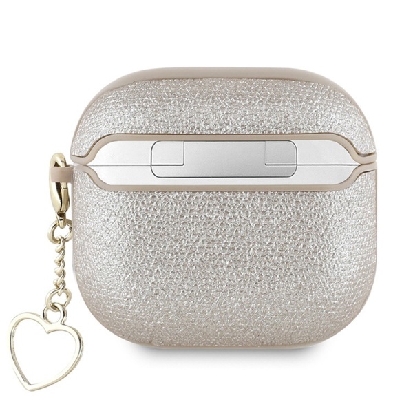 Чехол Guess PU leather with Script metal logo and Heart charm для AirPods 4. Цвет: золотой